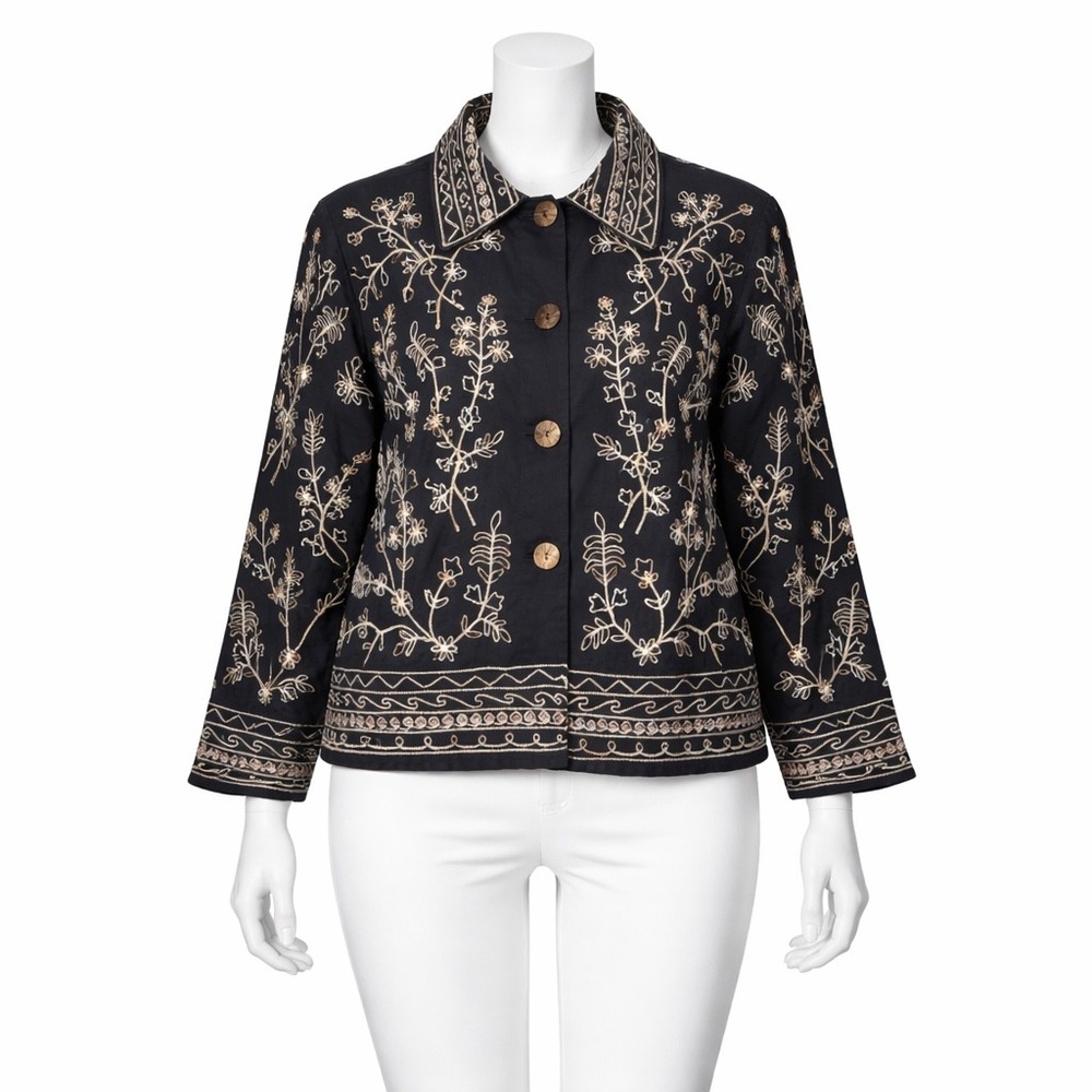 Life Style Jacket Size Medium Black Linen Cotton Embroidered Floral Button Front